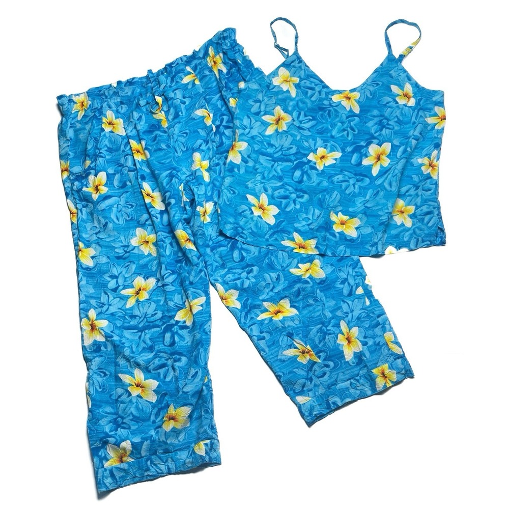 Jams World 2 pc Set Tank Top And Cropped Pants Sz XS/S Blue‎ Tropical VTG USA